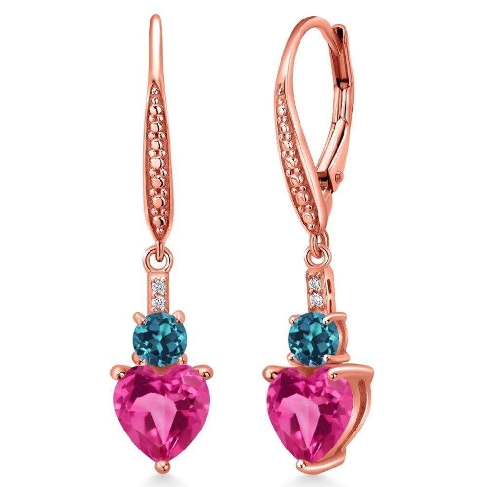 18K Rose Gold with 3.49 Cttw Pink Sapphire and London Blue Topaz Heart Earrings
